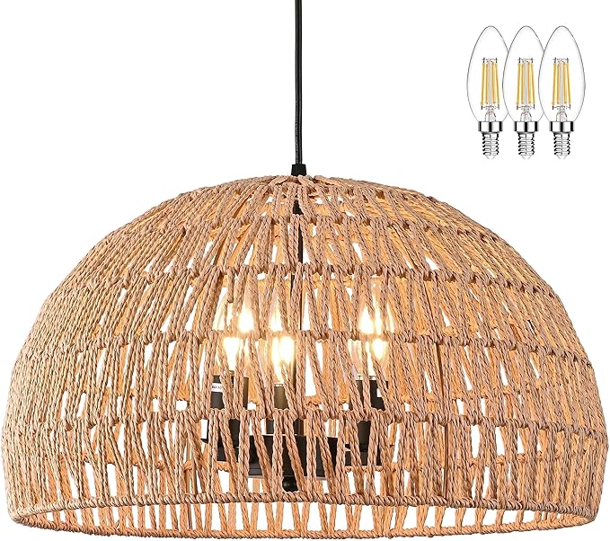 17.6 inch Hemp Rope Woven Pendant Light Wicker Pendant Light 3-light Rattan Light Fixture Boho Chandelier Farmhouse Chandelier Dome Pendants Light for Dining Room Bedroom Kitchen(Bulb Incl