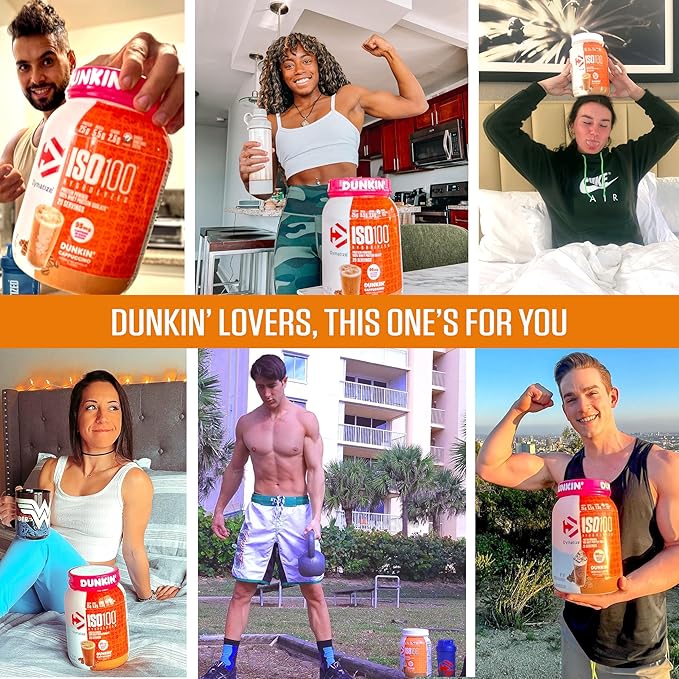 Dymatize x Dunkin' Glazed Donut ISO100 Whey Protein Powder, 25g of Protein, 5.5g BCAAs, 120 Cal., Gluten Free, 1g Fat, 1g Sugar, 2g Carb (20 Servings)