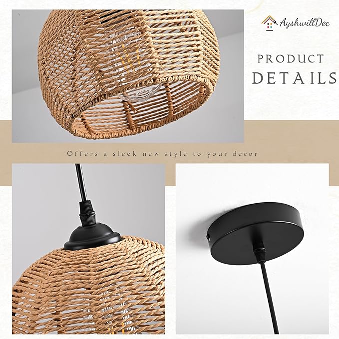 2 Pack Wicker Pendant Light Natural Woven Pendant Light Boho Chandelier Light Fixture Dome Rustic Farmhouse Pendant Lights Rattan Light Fixture for Kitchen Island Dining Room (Bulb Incl.)