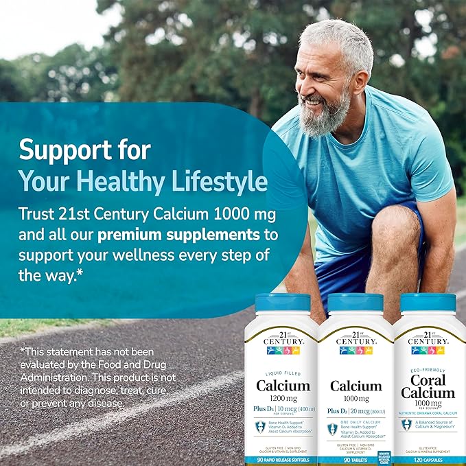 21st Century Calcium Plus D3 Tablets, (90 Count), 1000mg Calcium with Vitamin D3 20mcg (800 IU), Gluten-Free & Non-GMO, Bone Health Supplement for Men & Women, No Added Yeast or Artificial Flavors