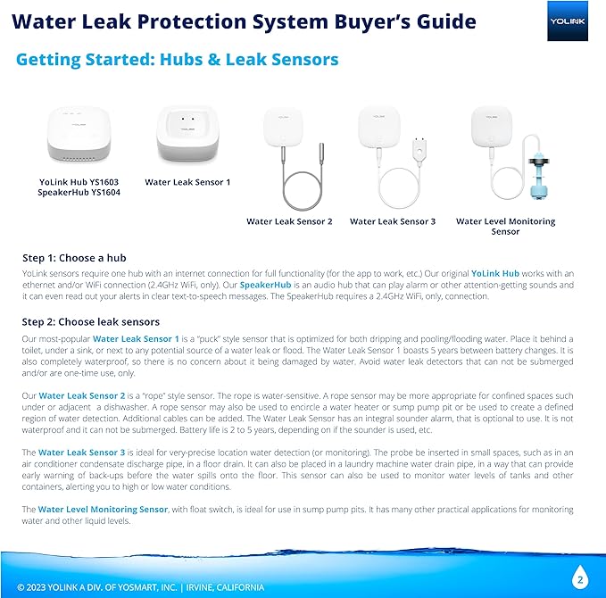 YoLink Smart Home Starter Kit: Hub & Water Leak Sensor 1, LoRa Up to 1/4 Mile Open-Air Range, SMS/Text, Email & Push Notifications, w/Alexa, IFTTT, Home Assistant
