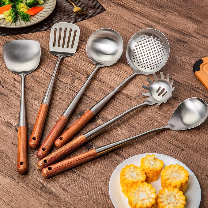 FJNATINH 304 Stainless Steel Kitchen Utensil Sets-6 PCS Wok Spatula Sets Cooking Utensil Tools Spatula, Soup Ladle, Skimmer, Slotted Spatulas Tunner, Spaghetti Spoon