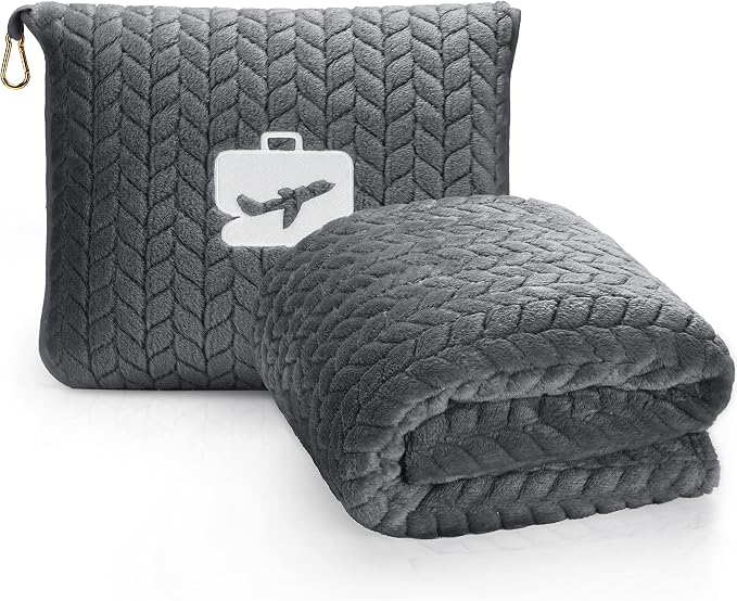 EverSnug Travel Blanket & Pillow 68x42 - Premium Ultra-Soft Microfleece 2 in 1 Compact & Packable Flight Blanket with Soft Bag Pillowcase, Hand Luggage Sleeve and Backpack Clip (Grey)