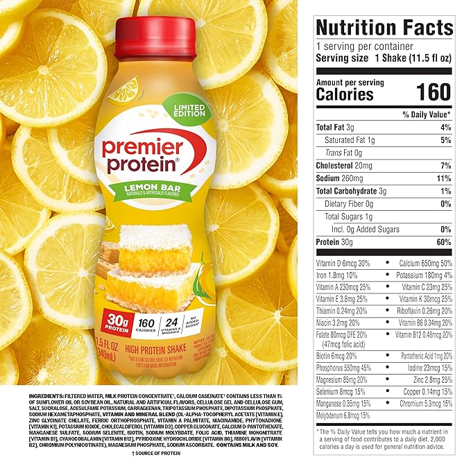 Premier Protein Shake, LIMITED EDITION Lemon Bar, 30g Protein, No Added Sugar, 24 Vitamins & Minerals to Support Immune Health, 11.5 fl oz (24 Pack)
