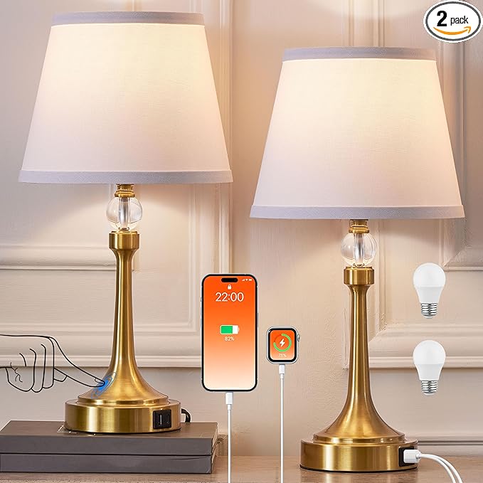 19.7'' Touch Table Lamps for Living Room, Small Lamp for Bedroom with USB C+A Ports, Dimmable Touch Lamps Set of 2, Reading Desk Lamp for Office, Metal Bedside Lamps, Bulbs Included, Gold