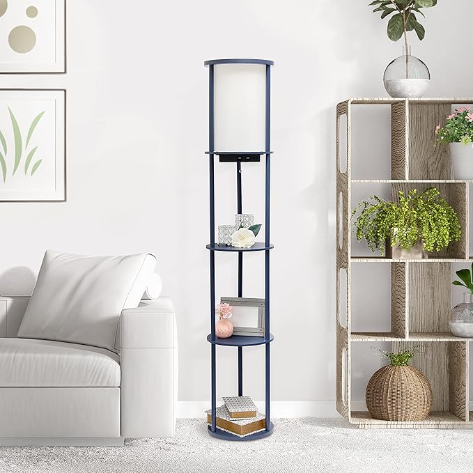 Simple Designs LF2010-NAV 62.5" Round Modern Shelf Etagere Organizer Storage Floor Lamp with 2 USB Charging Ports, 1 Charging Outlet and Linen Shade for Living Room Bedroom Office, Navy