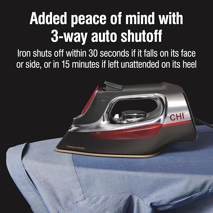 CHI Steam Iron for Clothes with Vertical Steam Burst, Professional Grade, Titanium Ceramic Soleplate, 400+ Steam Holes, 1700 Watts, 3-Way Auto Shutoff, 8' Cord