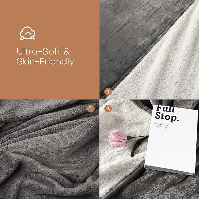 Electric Heated Blanket 62"x84" Twin Size, Dual-Sided Flannel & Sherpa, 6 Heat Settings & 1-10H Auto Off, Soft Warm for Home Office Bed Couch, Machine Washable, ETL Certified, Light Gray