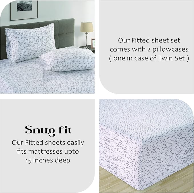 LANE LINEN King Fitted Sheet & Pillowcase (No Flat Sheet) - 100% Organic Cotton Soft & Breathable Percale Weave Set - Hotel Quality Crispness for Added Comfort - GOTS Certified - Grey Dot White
