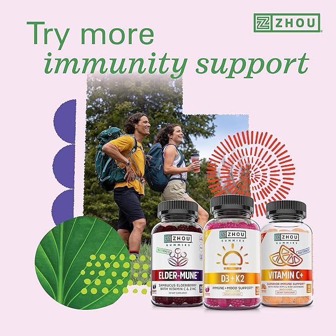 Zhou D3+K2 - Complément Vitamine D3 K2 pour femmes et hommes, soutien immunitaire Vit D3 et K2, formule végétarienne pure avec 5000 UI de D3 et MK-7 - 60 gélules végétariennes (lot de 1)