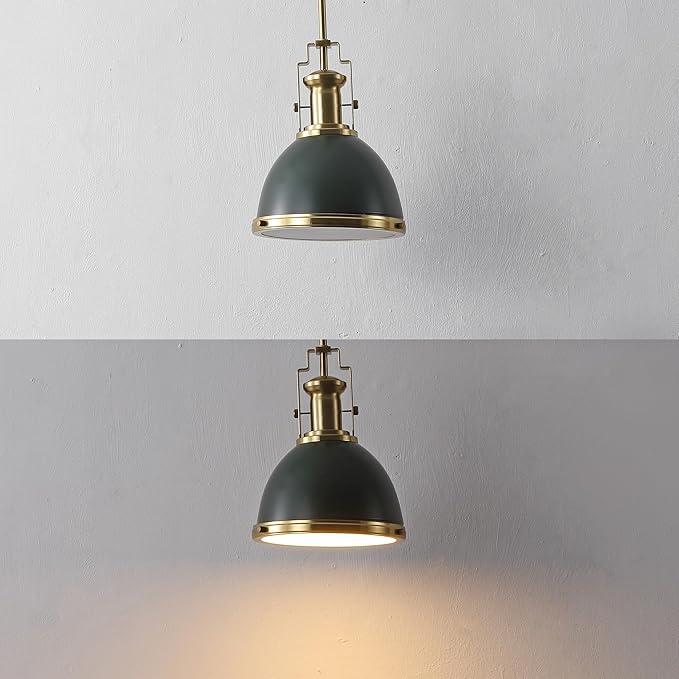 JONATHAN Y 10" Brass Gold Kombu Green 1-Light Metal Dome Pendant Modern Industrial Hanging Light for Kitchen Island Dining Room Adjustable Height LED Bulb Included JYL9535H
