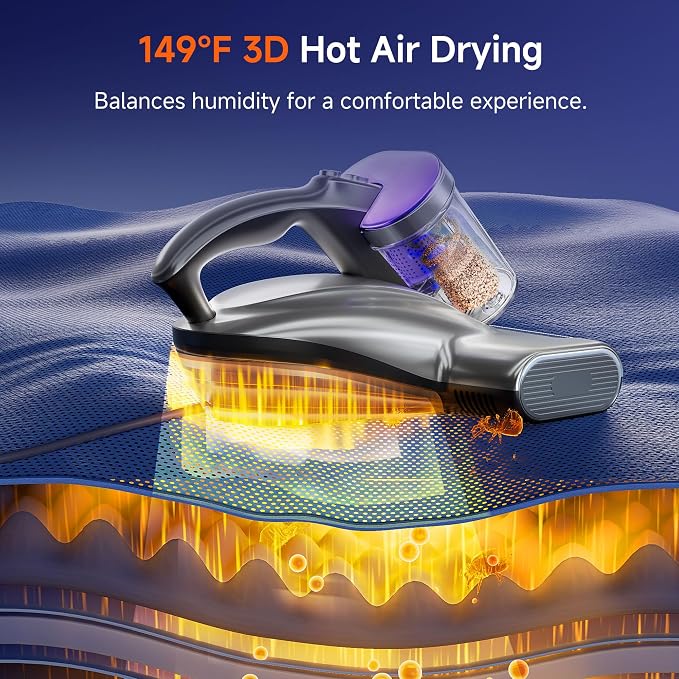 uwant 18Kpa Mattress Vacuum Cleaner 60000RPM Tap Bed Vacuum Set of 1 | 253.7Uv-C Light and Ultrasonic, 149℉ Hot Air, HEPA Filter, Metal Roller