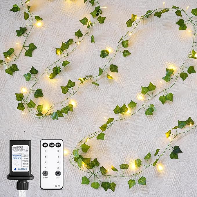 KASZOO 33FT 100 LED Ivy Vine Lights - PVC Plug in Leaf String Lights with Remote & Timer, Pre-Wrapped Garland for Bedroom Wall Garden Decor