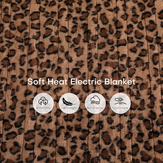 Electric Heated Blanket King Size 90"x100" - Dual-Sided with Flannel for Bedroom Couch Use, 4 Heat Settings & 10 Hours Auto Off, Machine Washable - Leopard Print