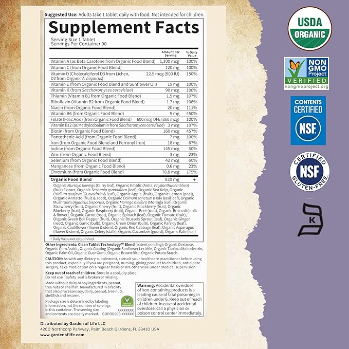 Garden of Life Prenatal Vitamins for Women, Organics Folate for Energy & Healthy Fetal Development,Non-constipating Iron,Vitamin C, B6, B12, D3,Non-GMO,Gluten-Free, Vegan, 90 Day Supply (Pack of 2)