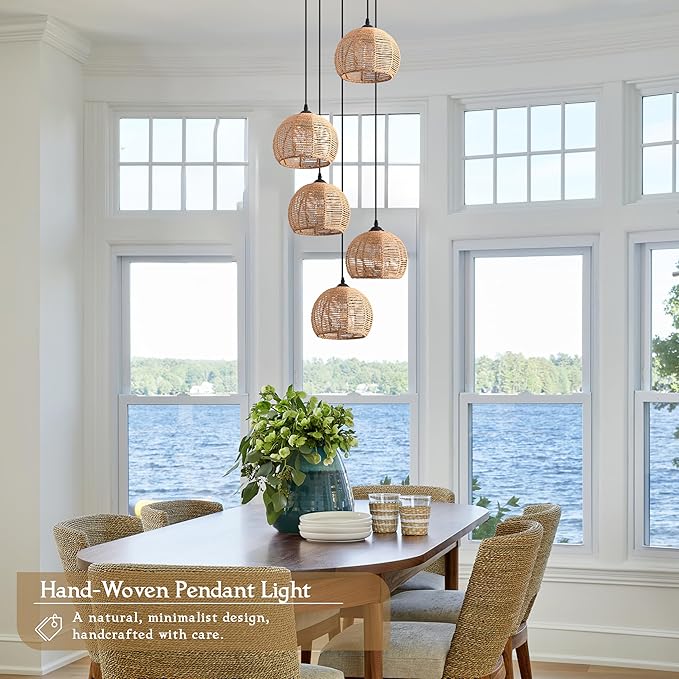 5-Light Woven Foyer Chandeliers for High Ceiling,5 Dome Boho Rattan Pendant Light Farmhouse Wicker Ceiling Light,rustic Hemp rope Light Fixture For Living Room Hallway Staircase Entryway(Bulb Incl.