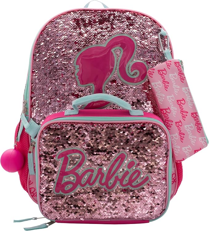 AI ACCESSORY INNOVATIONS Barbie 4 Piece Backpack Set, Sparkle & Shine with this Magic Flip Sequin School Bag for Girls with Zip Front Pocket, Pink