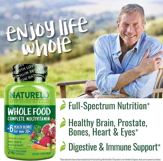 NATURELO ホールフードマルチビタミン 男性50歳以上用 - ビタミン、ミネラル、オーガニックハーブエキス配合 - ヴィーガン対応 - エネルギー、脳、心臓、目の健康をサポート - 240カプセル