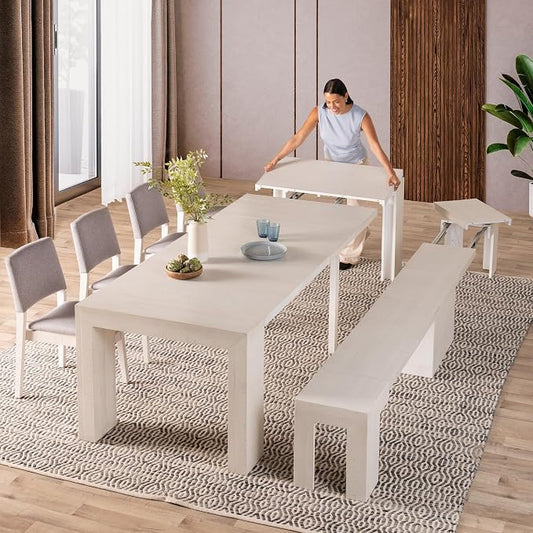 Transformer Table - Solid Wood Extendable Dining Table, Seats 2-12, Expandable Dining Room Table, Space-Saving Furniture, Kitchen and Dining Room Furniture (White, Table + Bench + 4 Chairs)