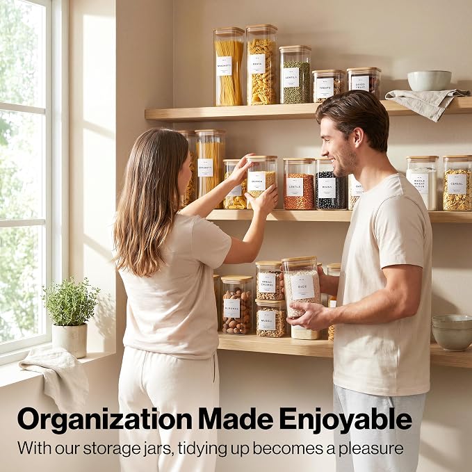 EDELHAUS Glass Storage Containers with Lids - Canister for Pantry Food | Bamboo Lids White Labels Set of 5 - cereal flour sugar rice coffee tea spice pasta noodles dry goods 54 pre-printed labels