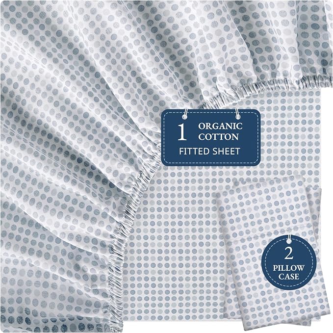 LANE LINEN King Fitted Sheet, 100% Organic Cotton, 3-Piece Set (1 Fitted Sheet,2 Pillowcases), Percale Weave, Ultra Soft, Breathable,Fits Mattress Upto 15" Deep - Polka Dot (No Flat Sheet)