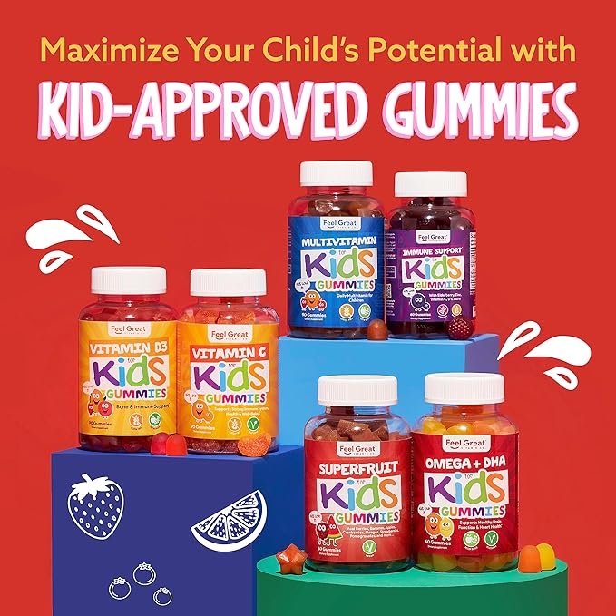 Feel Great Vitamin Co. キッズ用コンプリートDHAグミ | オメガ3 6 9 + DHA、ビタミンC配合 | 脳機能、視力、心臓の健康をサポート | グルテンフリー、ベジタリアン | 60粒