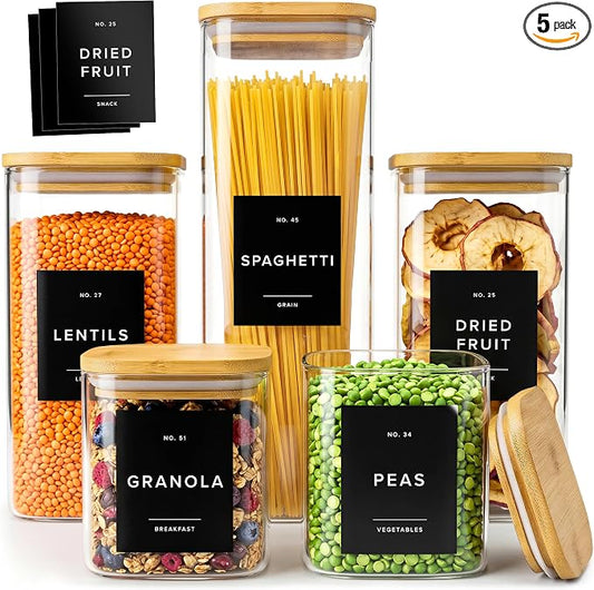 EDELHAUS Glass Storage Containers with Lids - Canister for Pantry Food | Bamboo Lids Black Labels Set of 5 - cereal flour sugar rice coffee tea spice pasta noodles dry goods 54 pre-printed labels