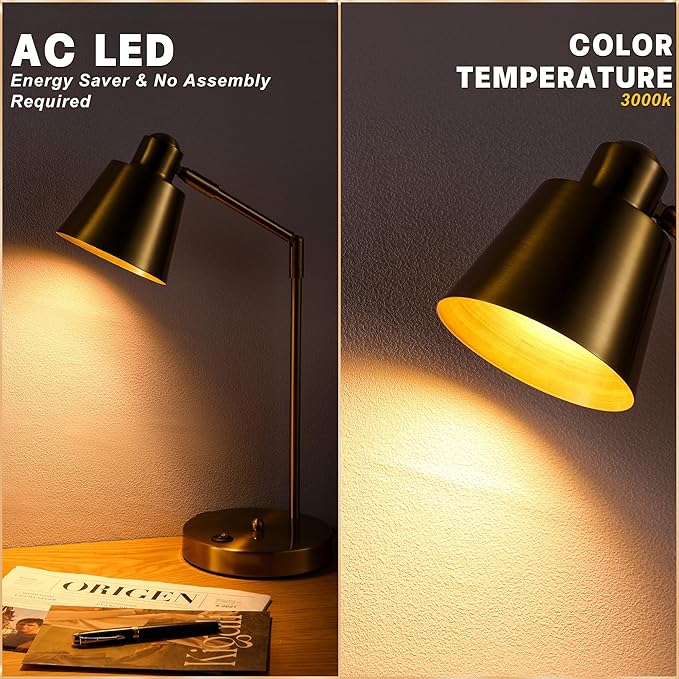 Anxingtools LED Desk Lamp with Dual USB Charging Ports, 100% Metal, 270° Swivel Arms, Soft White Light (3000K), Bedside Reading Lamp, Home Office Lamp(Golden)