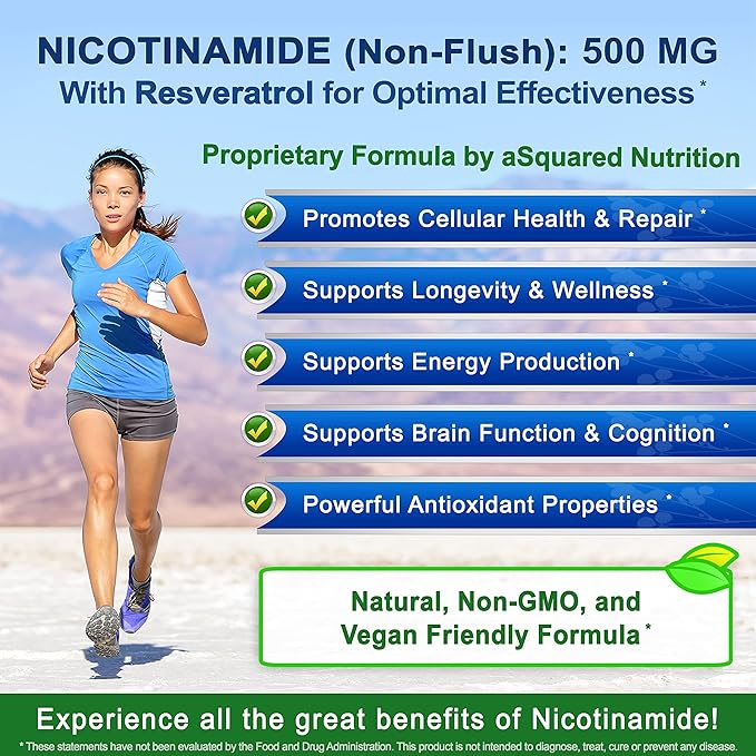 aSquared Nutrition ニコチンアミド レスベラトロール配合 - 120植物性カプセル - ビタミンB3 500mg（ナイアシンアミド フラッシュフリー） - NAD、皮膚細胞の健康、エネルギーをサポートするサプリメントピル