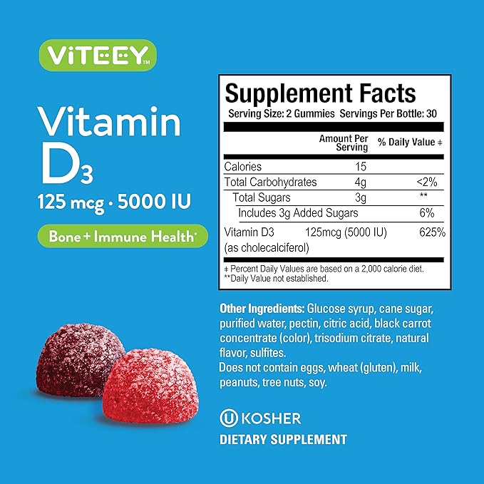 Viteey Vitamine D3 Gummies pour adultes et adolescents - 5 000 UI, 125 mcg, Ultra Force - Santé articulaire et musculaire, Renforce l'immunité - Gummies de vitamine D à croquer - Végétarien, sans gélatine - Saveur de baies savoureuse