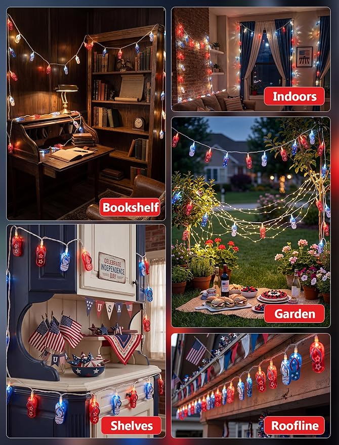 GOOTHY 4th of July Decorations Lights, 8.5Ft 10 Outdoor American Flag Slippers String Lights, Connectable Patriotic Flip Flop Fairy Lights for Outdoor Independence Day Memorial Day Summer Beach Party
