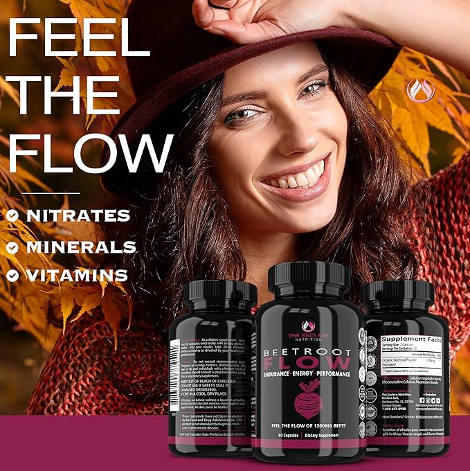 ENCLARE NUTRITION Gélules de poudre de betterave, Betterave 1300mg. Suppléments d'oxyde nitrique pour hommes, soutient la santé intestinale des femmes, l'énergie, le cerveau, la performance athlétique, la santé cardiaque Sans OGM 180 gélules (3)