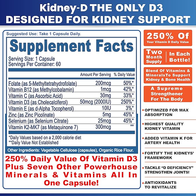 Kidney-D Complément Rénal. Vitamine D Optimisée pour le Soutien Rénal. Vitamine D3 et 7 Vitamines et Nutriments Rénaux Conçus pour la Santé Rénale et Plus Encore