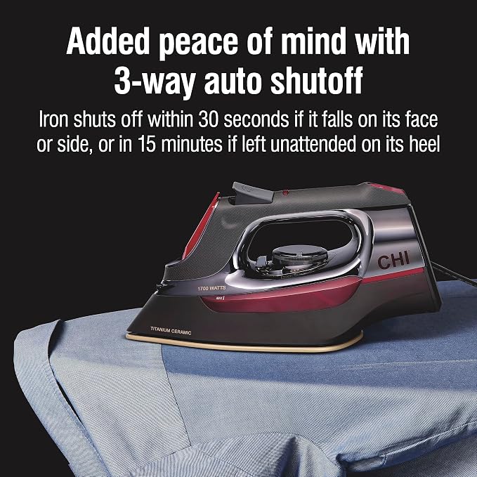 CHI Steam Iron for Clothes, Professional Grade, Titanium Infused Soleplate, 400+ Steam Holes, 1700 Watts, 3-Way Auto Shutoff, 8' Retractable Cord, Black/Chrome