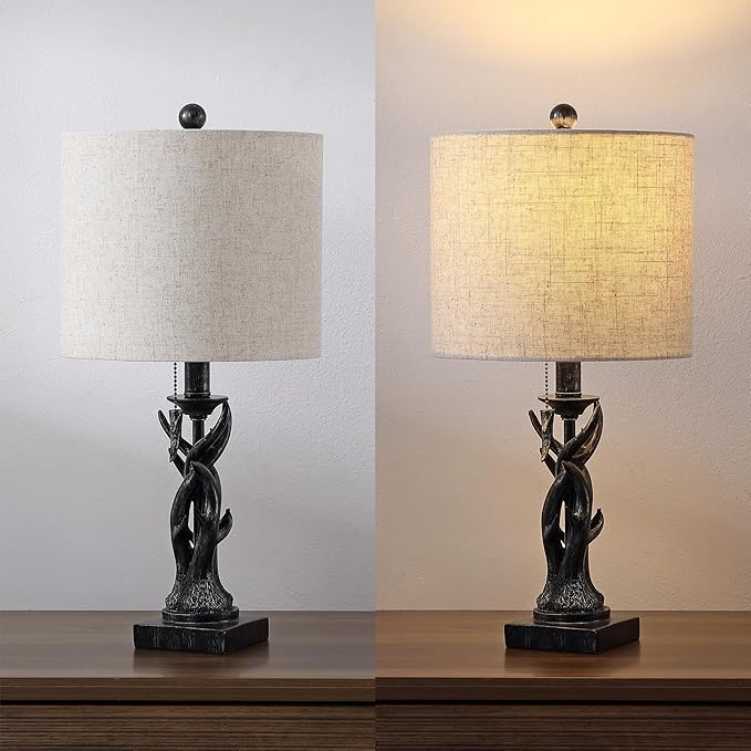 JONATHAN Y 20.5" Antique Black Rustic Antler Table Lamp for Bedroom Farmhouse Decor, Mini Faux Antler Desk Lamp with Gray Linen Shade, Lodge Cabin Nightstand Lamp, LED Bulb (JYL1031B)