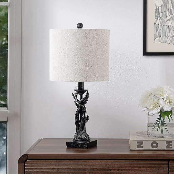 JONATHAN Y 20.5" Antique Black Rustic Antler Table Lamp for Bedroom Farmhouse Decor, Mini Faux Antler Desk Lamp with Gray Linen Shade, Lodge Cabin Nightstand Lamp, LED Bulb (JYL1031B)