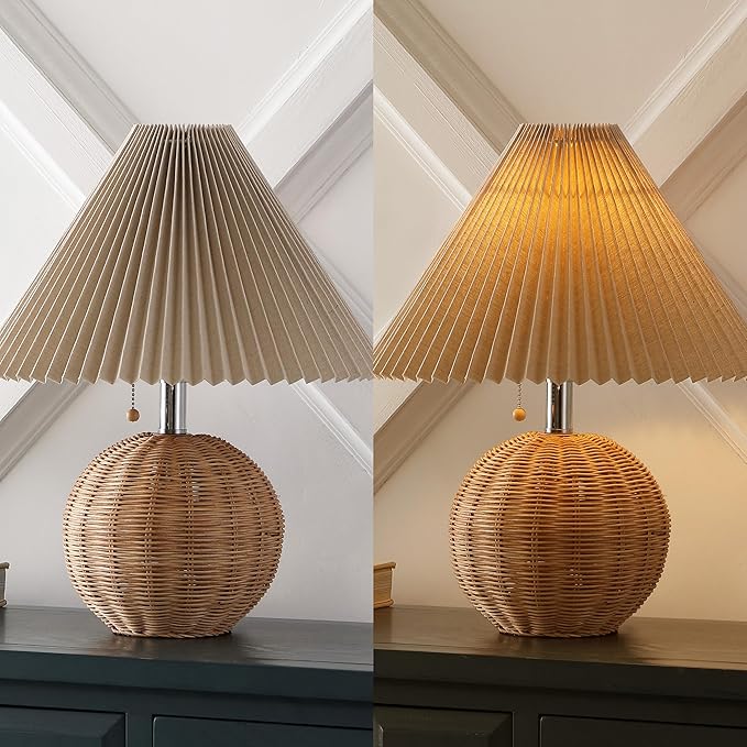 JONATHAN Y 17.25" Natural/Chrome/Dark Beige Sphere Table Lamp, Mid-Century Bedside Nightstand with Beige Pleated Linen Shade, Scandinavian Coastal Style, LED Bulb Included (JYL1145C)