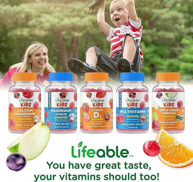 Lifeable Calcium avec Vitamine D Enfants + Curcumine de Curcuma Enfants, Lot de Gommes - Excellent Goût, Complément Vitaminique, Sans Gluten, Sans OGM, Gomme à Mâcher