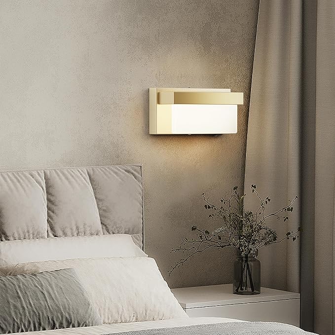 Wall Sconce Champagne Gold Wall Light with On/Off Switch 8 inch LED Wall Lamp Acrylic Lampshade 4000K Sconce Wall Lighting