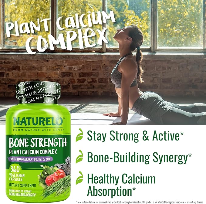 NATURELO Calcium Supplement with Vitamin C, D3, K2, and Magnesium Zinc for Bone Strength, 360 Vegetarian Capsules, with Calcium 600mg, Non-GMO, Plant-Based, Soy & Gluten-Free