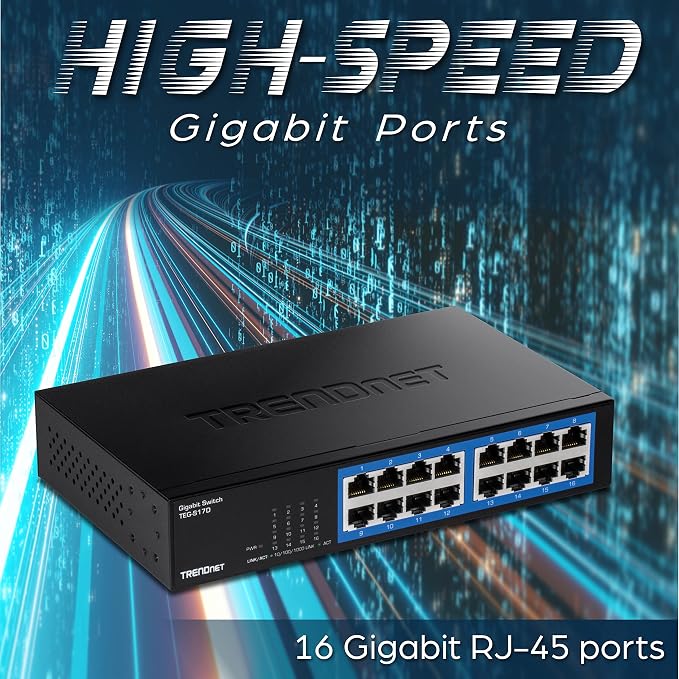 TRENDnet 16-Port Gigabit Desktop Switch, TEG-S17D, 16 x Gigabit RJ-45 Ports, 32Gbps Switching Capacity, Ethernet Splitter, NDAA & TAA Compliant, Internal Power Supply, Lifetime Protection, Black