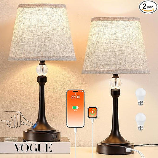 19.7'' Touch Table Lamps for Living Room, Small Lamp for Bedroom with USB C+A Ports, Dimmable Touch Lamps Set of 2, Reading Desk Lamp for Office, Metal Bedside Lamps, Bulbs Included, Black