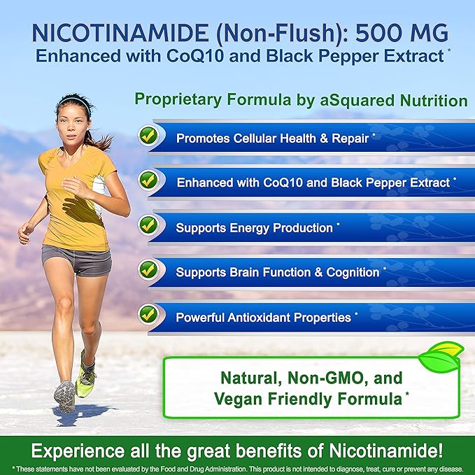 ニコチンアミド CoQ10配合 (120カプセル) - ビタミンB3 500mg (ナイアシンアミド フラッシュフリー) - コエンザイムQ10パウダー - エネルギー、NAD、皮膚細胞の健康をサポートするVIT B-3 & Coq 10 サプリメント錠剤