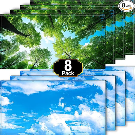 Aheroi 8 Pack Fluorescent Light Magnetic Covers, Mix Light Covers for Ceiling Lights Classroom, Office Light Covers for Ceiling Lights, Drop Lights Fixture Replacement Globes & Shades(Forest&Blue Sky)