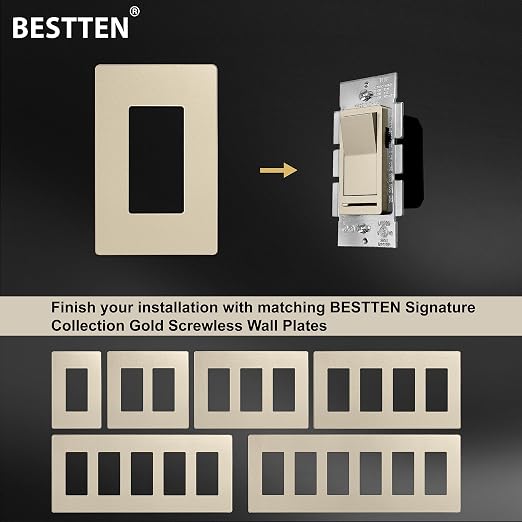 BESTTEN 10 Pack Matte Champagne Gold Dimmer Light Switch, Single Pole or 3-Way, Compatible with Dimmable LED, CFL, Incandescent and Halogen Bulb, 120VAC, Signature Collection, UL Listed