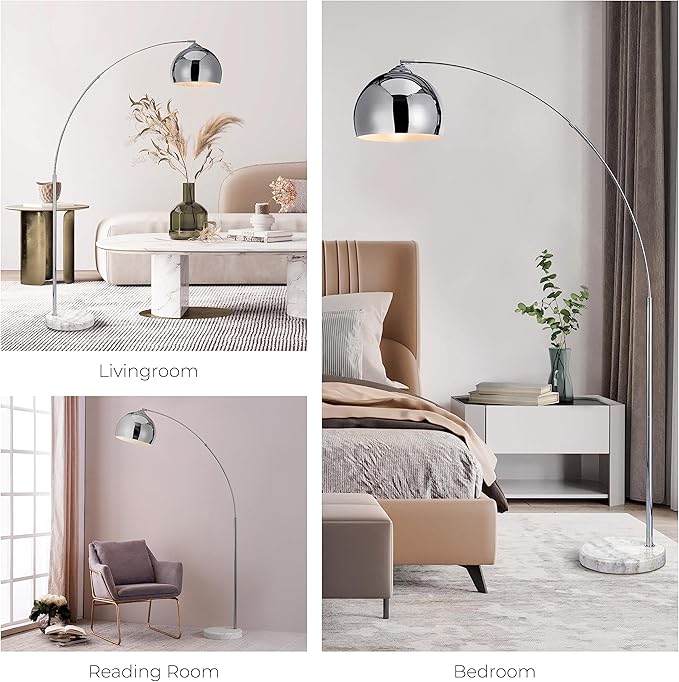 Teamson Home Arquer 68.1" Arc Floor Lamp for Living Rooms, Home Offices, Dining Rooms, Bedrooms with Faux White Marble Base and Chrome Bell Shade