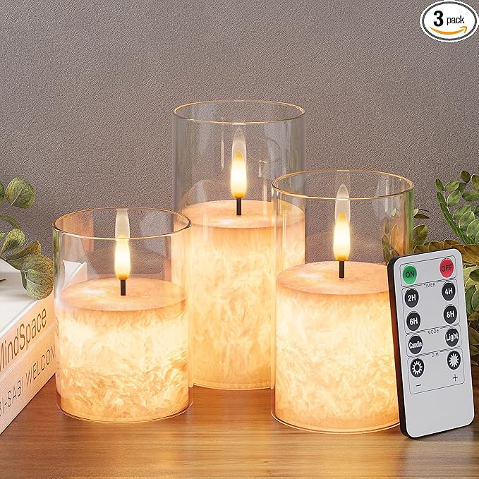 VIODAIM Ice Crystal Real Wax Glass Flameless Candles with Remote & Timer, Battery Operated Candles with Warm Flickering Flame, Realistic LED Candle for Wedding Home Decor [D3×H4/5"/6"] Clear, 3Pack