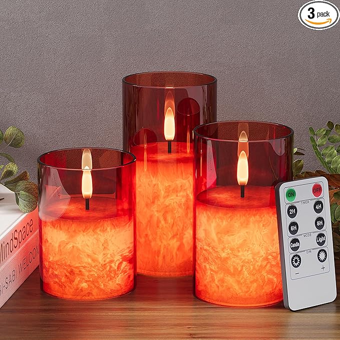 VIODAIM Ice Crystal Real Wax Glass Flameless Candles with Remote & Timer, Battery Operated Candles with Warm Flickering Flame, Realistic LED Candle for Wedding Home Decor [D3×H4/5"/6"] Red, 3Pack