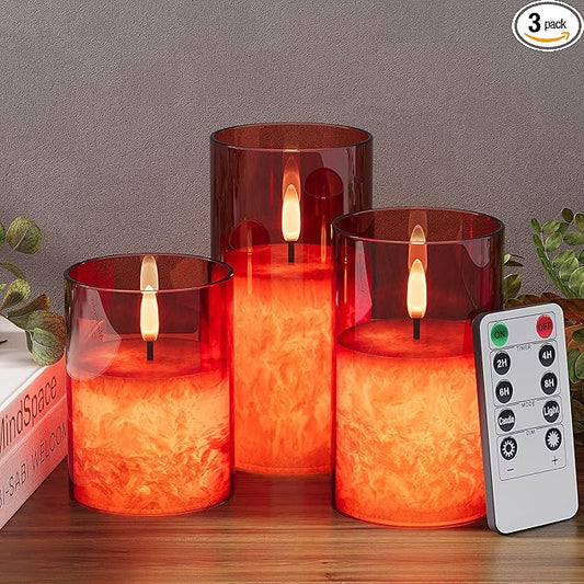 VIODAIM Ice Crystal Real Wax Glass Flameless Candles with Remote & Timer, Battery Operated Candles with Warm Flickering Flame, Realistic LED Candle for Wedding Home Decor [D3×H4/5"/6"] Red, 3Pack