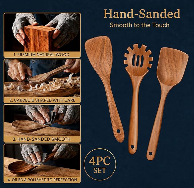 Extra-Large 4-Piece Teak Wooden Utensil Set – Non-Stick Wooden Spatula for Cooking, Skimmer Spoon & Spaghetti Spoon – Non Toxic Cooking Utensils